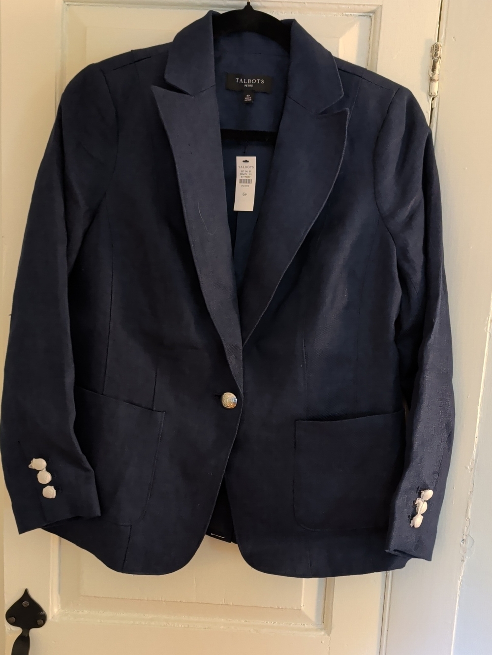 Talbots Navy Single-Button Linen-Blend Blazer with Patch Pockets